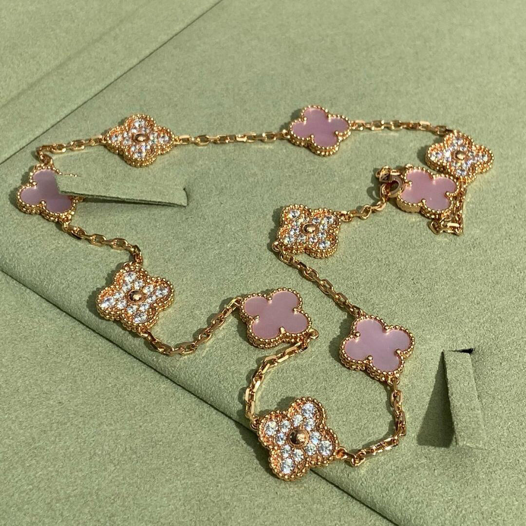 [AuraEcho]CLOVER 10 MOTIFS DIAMOND PINK MOP NECKLACE