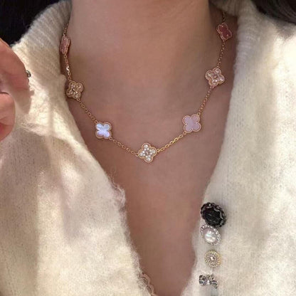 [AuraEcho]CLOVER 10 MOTIFS DIAMOND PINK MOP NECKLACE