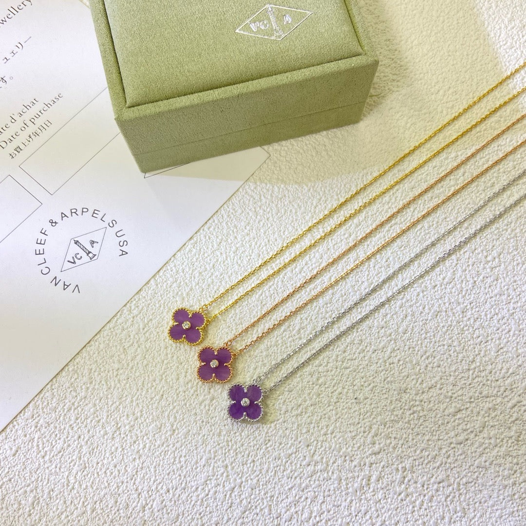 [AuraEcho]CLOVER 15MM DIAMOND  PURPLE VIOLET NECKLACE